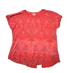 Lucky Brand Womens Tunic Top Size 2X Red Paisley Back Slit Roll Tab Short Sleeve